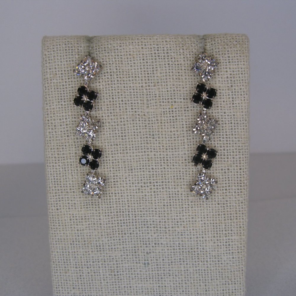 Vintage Art Deco Style Black Clear Rhinestone Pierced Earrings